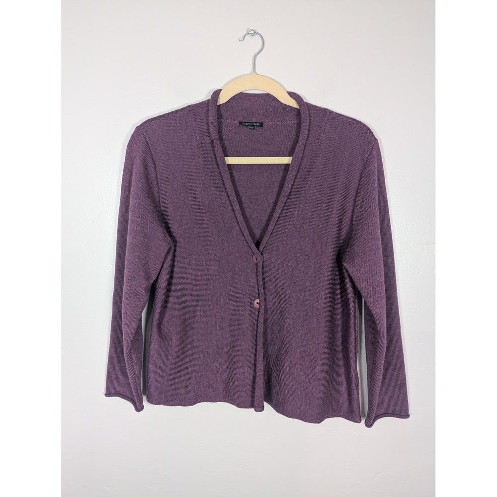 Eileen Fisher Purple Merino Wool Shawl Collar Cardigan Sweater XL capsule fall